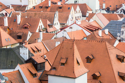 High angle view of residential buildings in city