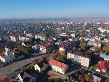 High angle view of townscape against clear sky