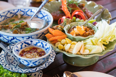 High angle view of food served on table