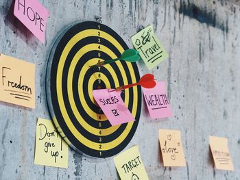 Close-up of dart on dartboard with adhesive notes against wall