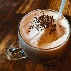 High angle view of cappuccino on table