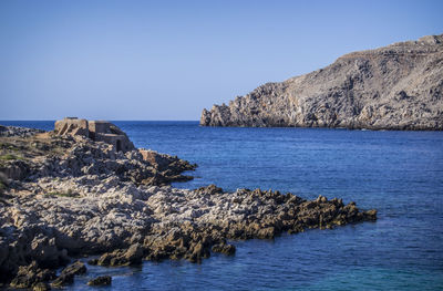 Scenic view of sea against clear blue sky