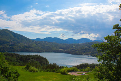 Scenic view of lake and mountains against sky