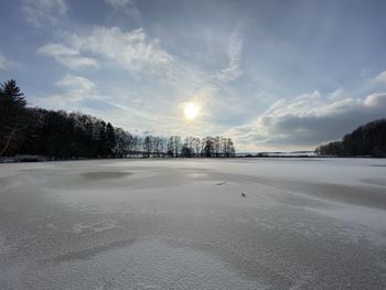 Snow covered landscape against sky