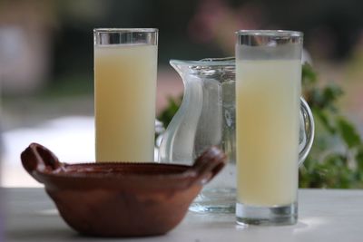 Close-up of bowl with drink in glasses on table