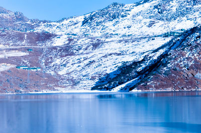 Scenic view of lake and snowcapped mountains