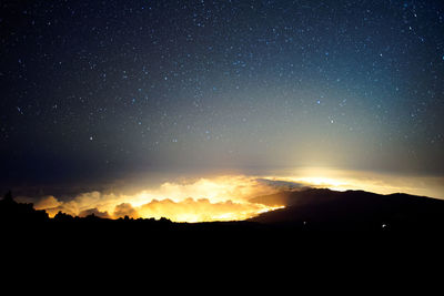 Silhouette mountains against sky at night