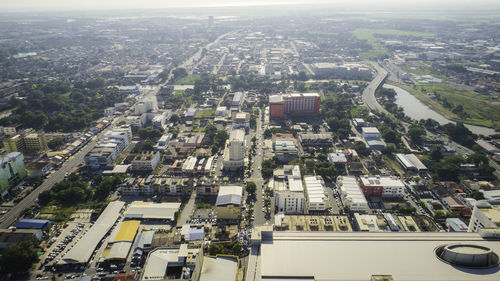 High angle view of buildings in city