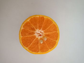 Directly above shot of orange slices over white background