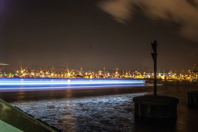 Illuminated city by river against sky at night