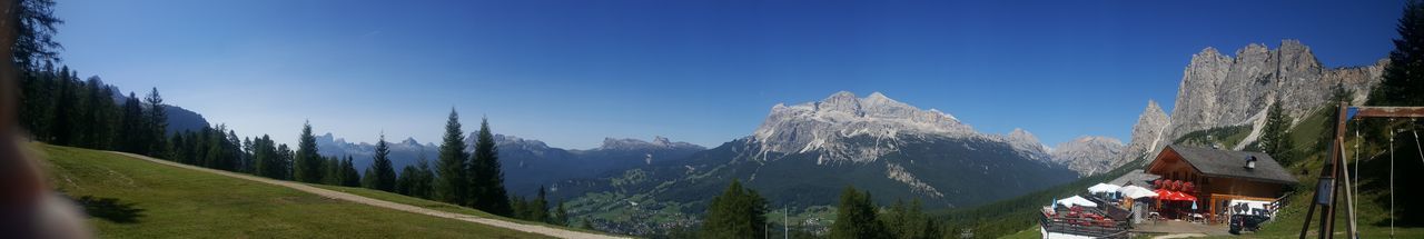 Panoramic view of mountains against blue sky