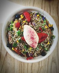 High angle view of breakfast served in bowl on table