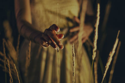 Midsection of woman standing by plants at night 