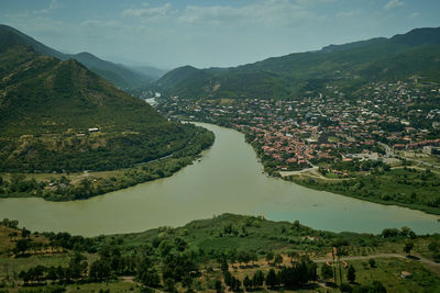 Confluence of the aragvi and kura ,mtkvari,rivers and the town of mtskheta , georgia.