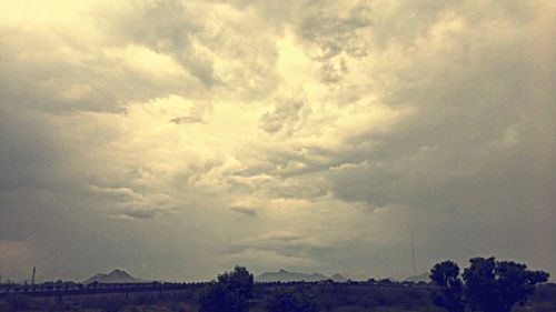 Storm clouds over trees against sky
