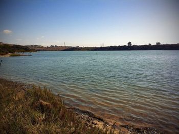 Scenic view of calm sea against clear sky