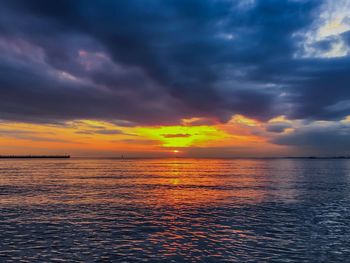 Scenic view of sea against dramatic sky