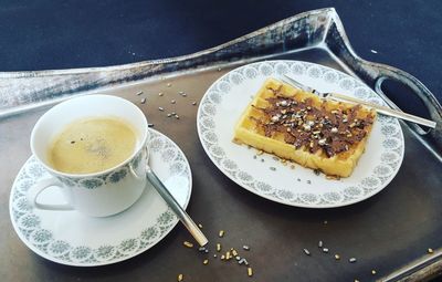 High angle view of breakfast served on table