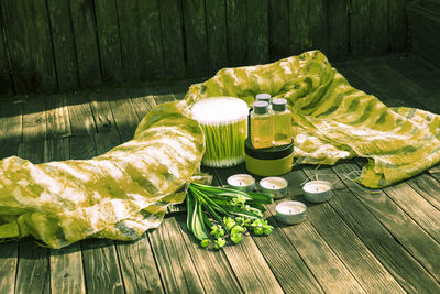 High angle view of breakfast on table
