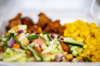 Close-up of chopped vegetables in plate