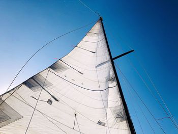 Low angle view of sailboat against clear blue sky
