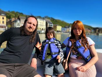 Portrait of smiling friends standing against sky, family, man , woman , child