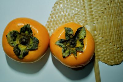 High angle view of fruits in plate on table