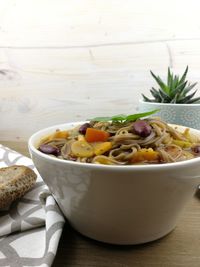 High angle view of soup in bowl on table