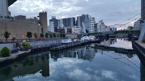 Reflection of buildings on river in city