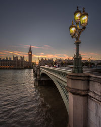 Bridge over river with city in background