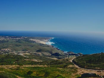 Scenic view of sea against clear blue sky