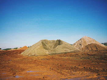 Scenic view of desert against clear blue sky