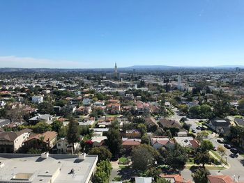 High angle view of buildings against clear sky