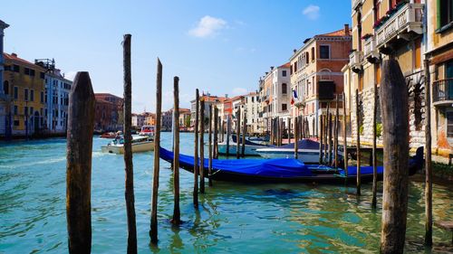 Panoramic view of boats in canal