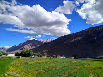 Scenic view of field and mountains against sky