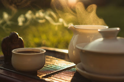 Close-up of tea served on tray