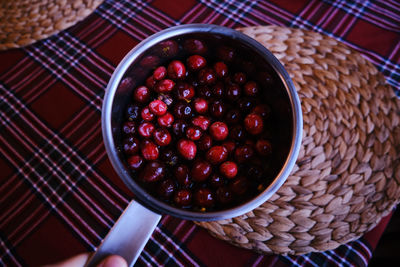 High angle view of strawberries in bowl on table