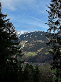 High angle view of trees and mountains against sky