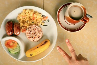 High angle view of breakfast on table