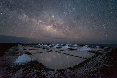 Frozen water and snow on background of spectacular seascape with milk way on starry night