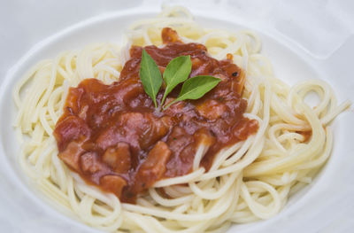 Close-up of spaghetti served with sauce in plate