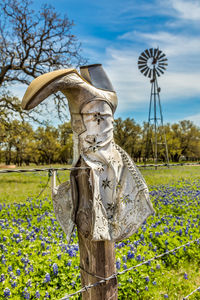 Cowboy boots on a fence, texas hill country