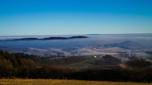 Scenic view of landscape against clear blue sky