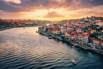 Panoramic view of porto and vila nova de gaia from the upper tier of louis i bridge.