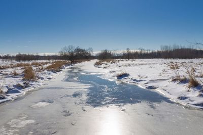 Snow covered landscape against sky