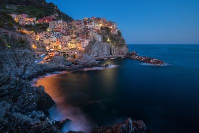 Scenic view of sea against clear blue sky