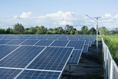 Solar panels on field against sky