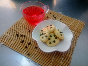 High angle view of breakfast served on table