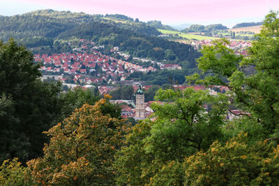 High angle view of trees and buildings against mountains