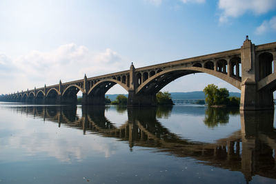 Arch bridge over river against sky